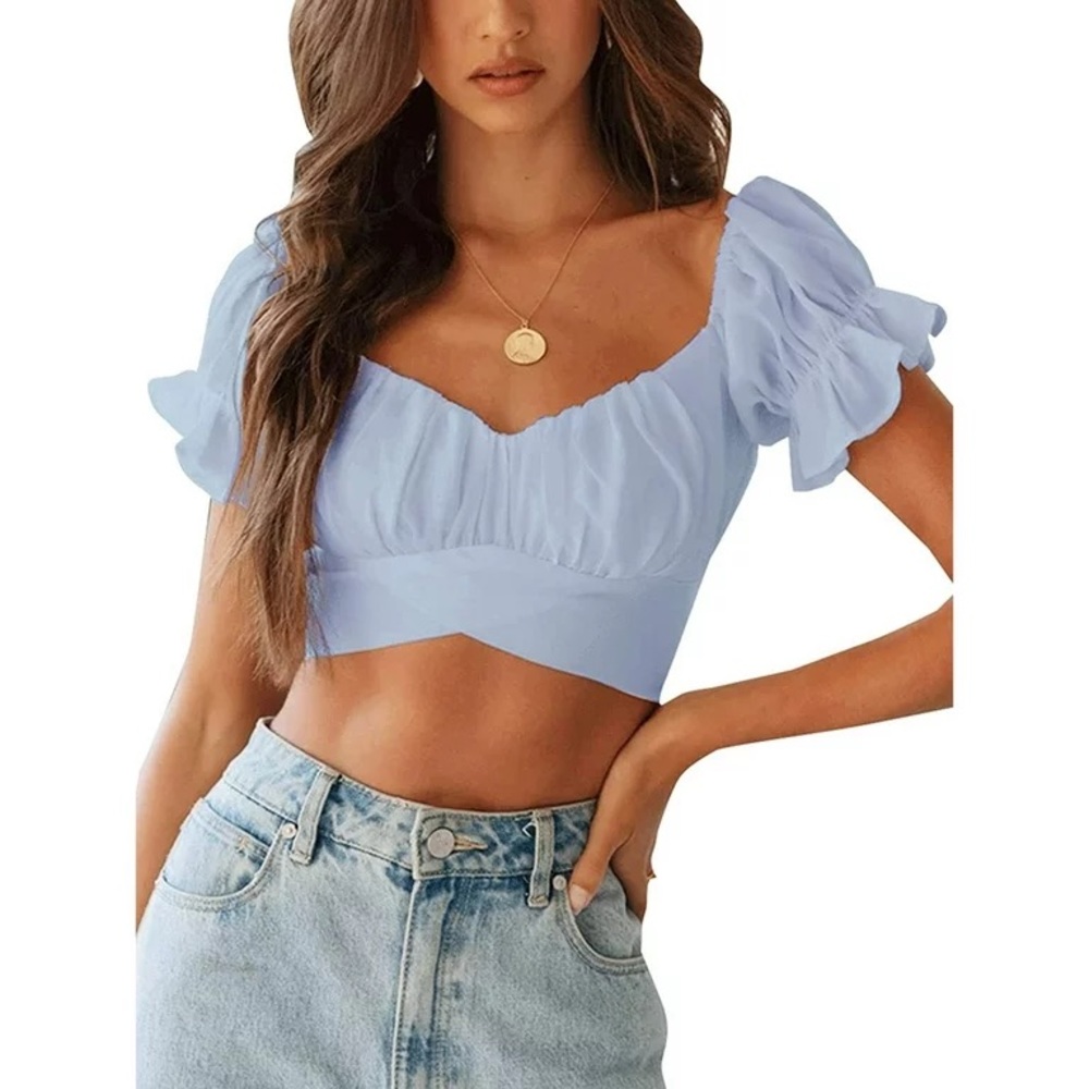 Saints + secrets puff sleeve ruffle tie back blue crop top size M trendy